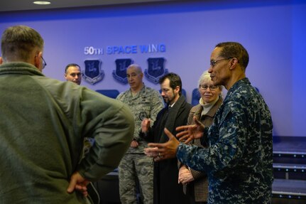 U.S. Navy Adm. Cecil D. Haney (right), U.S. Strategic Command commander, participates in a discussion with senior Department of Defense (DoD) leaders, including Ms. Stephanie O'Sullivan (second from right), Principal Deputy Director of National Intelligence, during the Joint Interagency Combined Space Operations Centerâ€™s (JICSpOC) distinguished visitor day at Schriever Air Force Base, Colo., Jan. 26, 2016. The JICSpOC became operational in October 2015 through the partnership and collaborative efforts of USSTRATCOM, the National Reconnaissance Office, Air Force Space Command, the Air Force Research Laboratory, the intelligence community and commercial data providers who recognized the need to leverage existing Joint Space Operations Center (JSpOC) mission systems upgrades and include additional systems and capabilities from their respective organizations. These capabilities enable a more integrated unity of effort between the DoD and intelligence community as they confront the challenges of operating in the contested, congested and competitive space environment. Haney and other senior leaders attended the event to observe the JICSpOCâ€™s capabilities, to receive an update on the experimentation conducted to date during the first phase of its operations and to discuss space-related issues. One of nine DoD unified combatant commands, USSTRATCOM has global strategic missions, assigned through the Unified Command Plan, which include strategic deterrence; space operations; cyberspace operations; joint electronic warfare; global strike; missile defense; intelligence, surveillance and reconnaissance; combating weapons of mass destruction; and analysis and targeting. (U.S. Air Force photo by Christopher DeWitt)