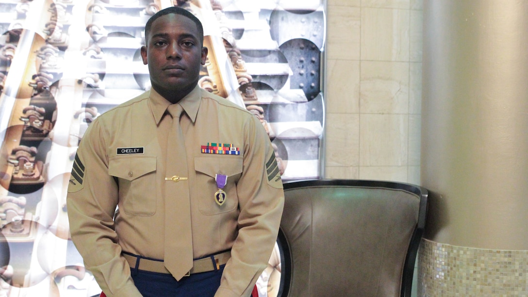 Sgt. DeMonte R. Cheeley stands for a photo after receiving the Purple Heart medal Jan. 26, 2016, at a ceremony in Chattanooga, Tenn. Cheeley received the Purple Heart for injuries he sustained during a July 16, 2015 attack in Chattanooga at the Armed Forces Career Center where he works. An investigation conducted by the FBI and the Naval Criminal Investigative Service determined the attack had been inspired by a foreign terrorist group making Cheeley eligible for the Purple Heart. Cheeley is a Marine recruiter with Recruiting Substation Chattanooga, Recruiting Station Nashville, Tenn. 