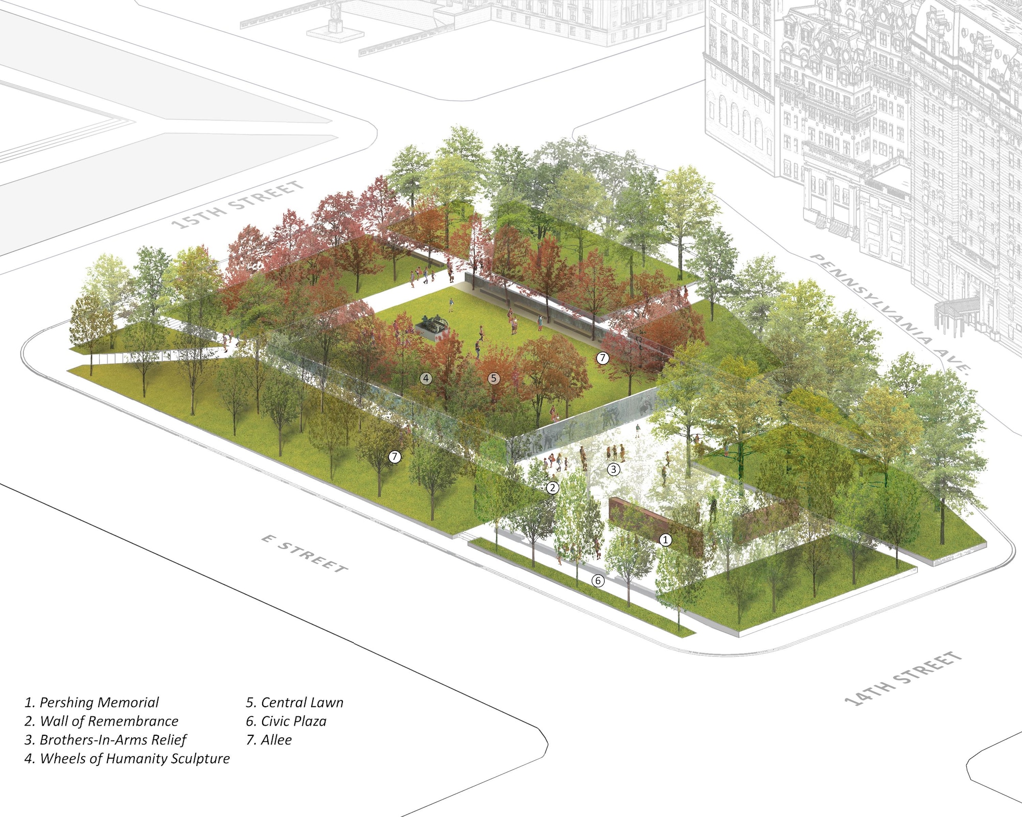 Architectural perspective drawing of the winning design for the World War I Memorial in Washington, D.C. Image courtesy of Joe Weishaar & Sabin Howard