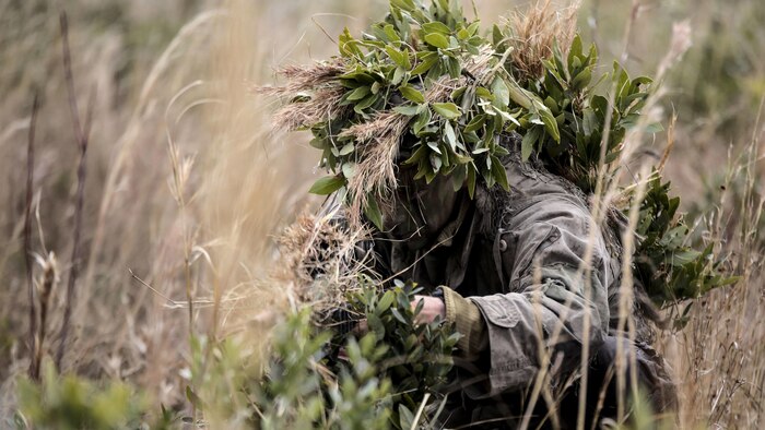 A Marine student undergoing the 2nd Marine Division Combat Skills Center’s Pre-Scout Sniper Course prepares to move during a stalking exercise at Marine Corps Base Camp Lejeune, North Carolina, Jan. 22, 2016. The exercise required students to traverse approximately 1,000 meters of high grass and fire on a target, all without being detected.