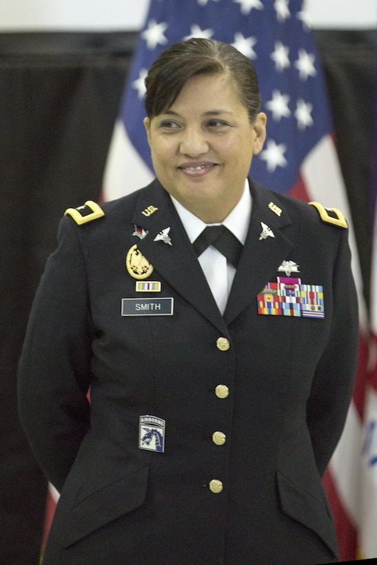 U.S. Army Reserve Brig. Gen. Tracy L. Smith is the newest medical service corps (MSC) brigadier general and the first Guamanian female general officer in the Armed Forces. The promotion ceremony was held at the C.W. Bill Young Armed Forces Reserve Center in Pinellas Park, Fla., Jan. 24, 2016. Smith graduated from the University of Guam and earned a master’s degree from Troy University in Alabama as well as the Army War College. She served in Hawaii, Georgia, New York and Washington; has received numerous awards and badges for service and medical merit. (U.S. Army photo by Spc. Tracy McKithern/Released)