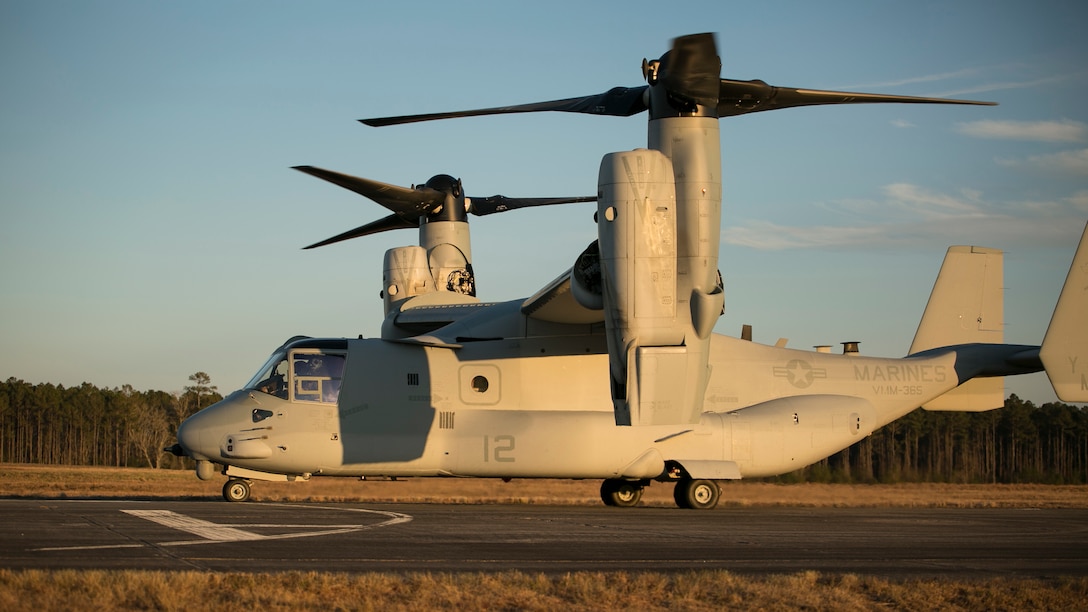Marines with Marine Medium Tiltrotor Squadron 365 prepare to take-off with U.S. Marine Corps Forces, Special Operations Command to conduct parachute operations at Marine Corps Air Station New River, North Carolina, Jan. 21, 2016. VMM-365 supported Marine Raiders by conducting high altitude low opening jumps as well as static line jumps to allow them to train for future operations.