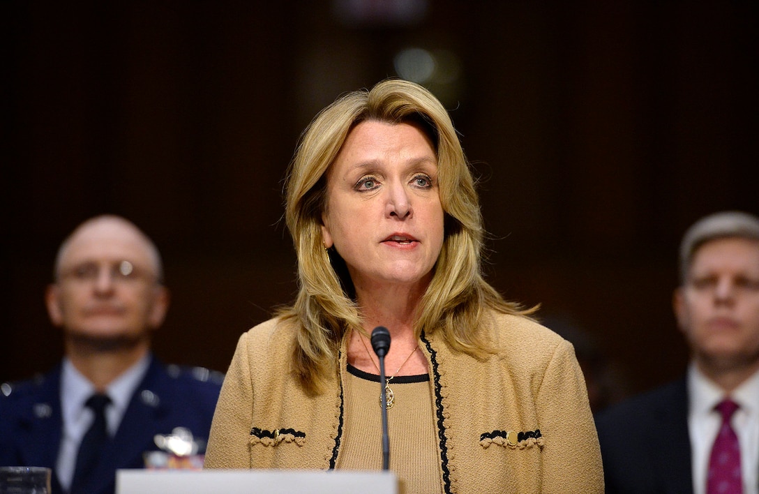 Air Force Secretary Deborah Lee James testifies on the military's space launch capabilities before the Senate Armed Services Committee in Washington, D.C., Jan. 27, 2016. Frank Kendall, not pictured, undersecretary of defense for acquisition, technology and logistics, also testified. U.S. Air Force photo by Scott M. Ash
