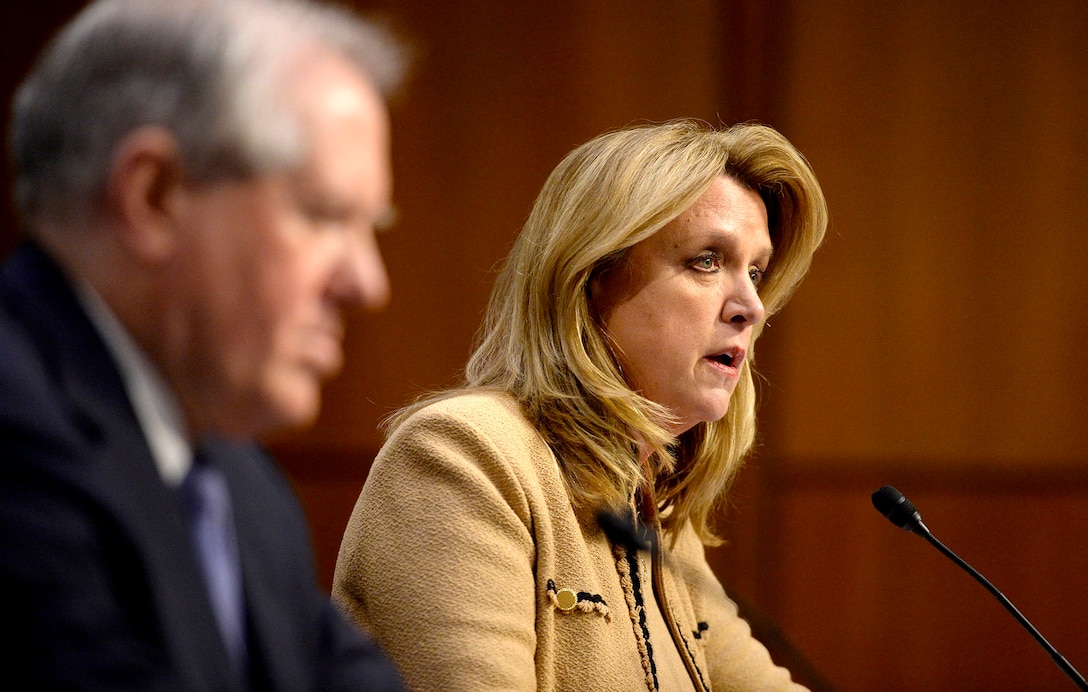 Air Force Secretary Deborah Lee James testifies on the military's space launch capabilities before the Senate Armed Services Committee in Washington, D.C., Jan. 27, 2016. Frank Kendall, foreground, undersecretary of defense for acquisition, technology and logistics, also testified. U.S. Air Force photo by Scott M. Ash