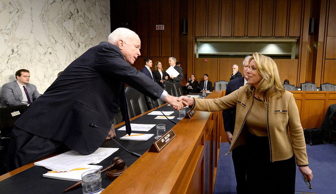 Air Force Secretary Deborah Lee James greets Sen. John McCain, of Arizona, before the start of a Senate Armed Services Committee hearing in Washington, D.C., Jan. 27, 2016. James testified with Frank Kendall III,  undersecretary of defense for acquisition, technology and logistics. U.S. Air Force photo by Scott M. Ash
