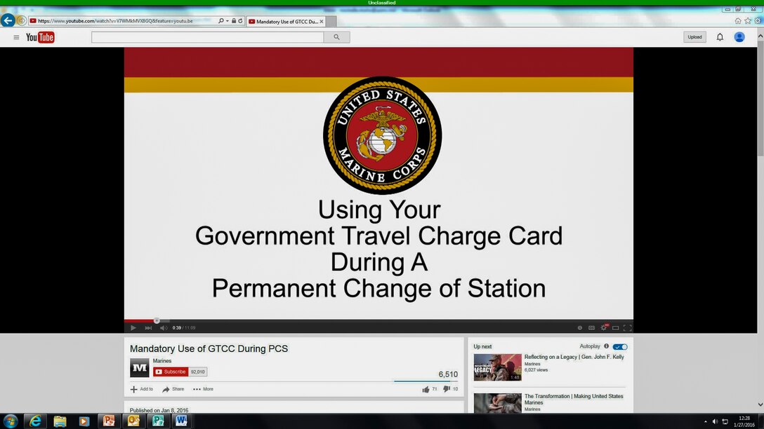 A YouTube video describes the details of Marine administrative message 001/16, which states that all permanent change of station travel expenses will now be paid using the government travel charge card. This change is expected to make travel more efficient and cost effective and to protect Marines from being charged interest on their personal accounts. For more information, watch the video at https://youtu.be/V7WMkMVX8GQ or contact your unit agency program coordinator. (U.S. Marine Corps photo by Cpl. Michelle Reif/Released.) 