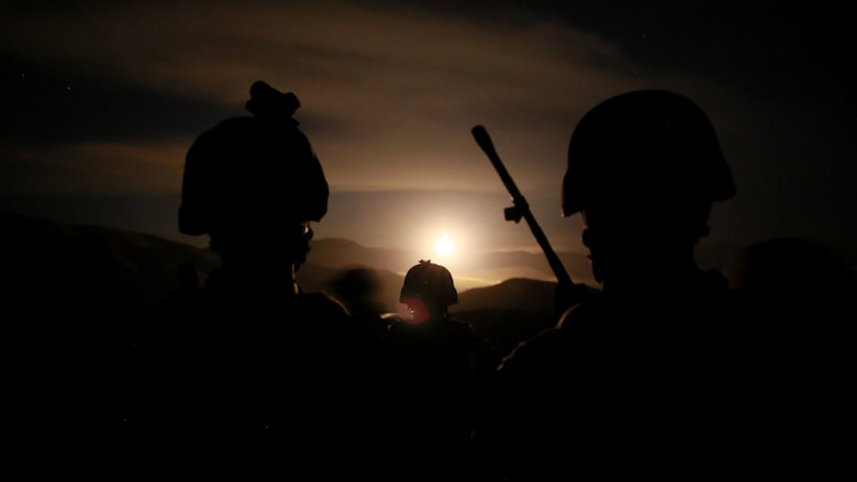 Joint Tactical Attack Controller and Joint Fire Observer Marines look to the horizon as an illumination round, fired from an 81 mm mortar, lights up the night sky during training on the hills of Marine Corps Base Camp Pendleton, California, Jan. 13, 2016. JTACs and JFOs are responsible for effectively and accurately coordinating strikes on targets from both artillery and aircraft. The Marines are with 1st Air Naval Gunfire Liaison Company, I Marine Expeditionary Force.