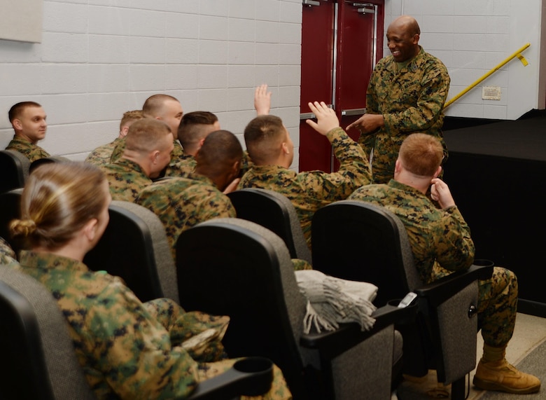 Sgt. Maj. Robert Green, sergeant major of the Marine Corps, addresses Marines and Sailors during his first visit to Marine Corps Logistics Base Albany. Green, the 18th SMMC, spoke to the installation’s active-duty service members in a Town Hall Meeting held at the Base Theater, Jan. 21.