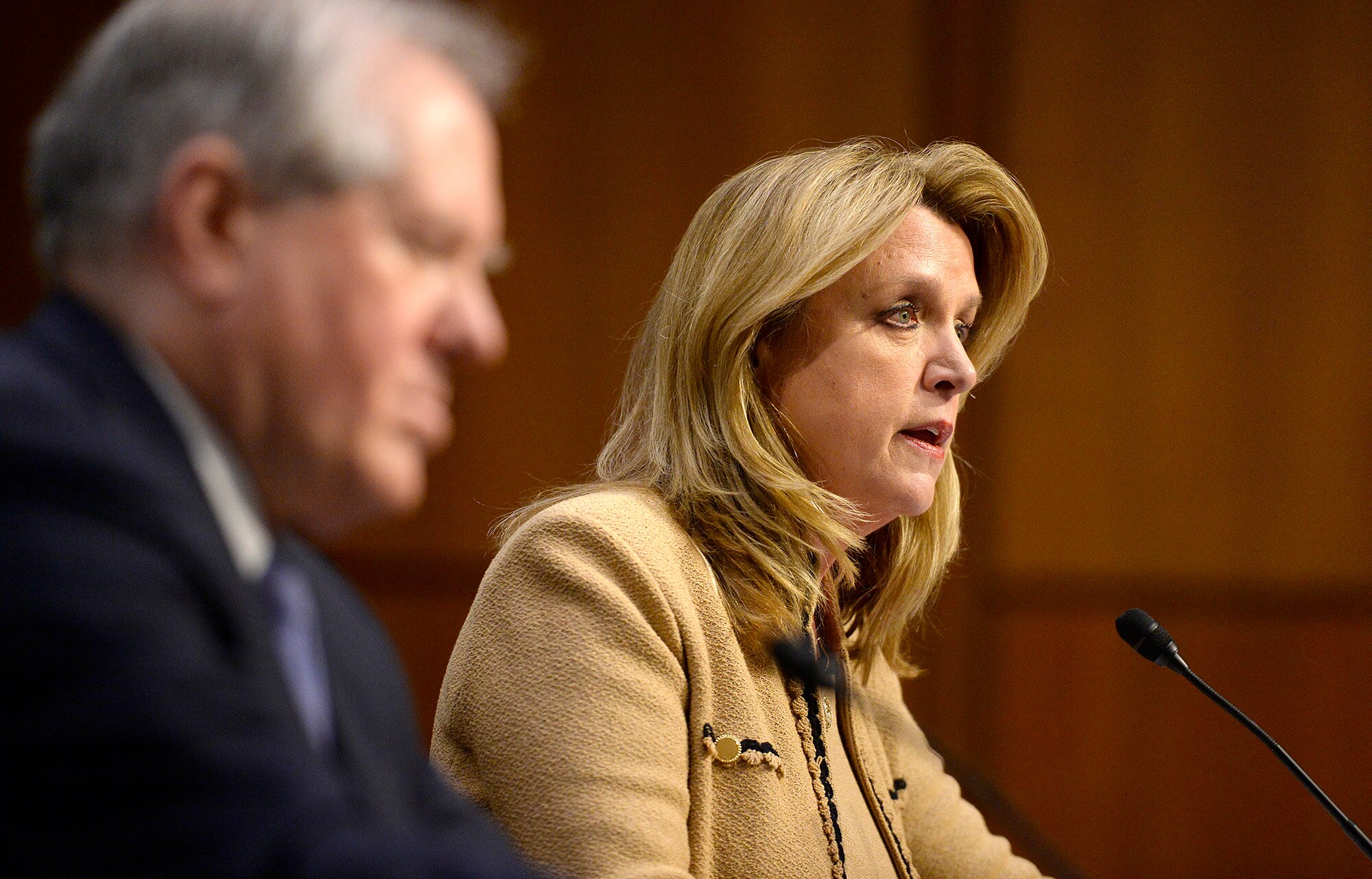 Secretary of the Air Force Deborah Lee James testifies before the Senate Armed Services Committee Jan. 27, 2016, in Washington, D.C. Testifying with James was Frank Kendall, the undersecretary of defense for acquisition, technology and logistics. The witnesses provided insight on the military's space launch capabilities. (U.S. Air Force photo/Scott M. Ash)