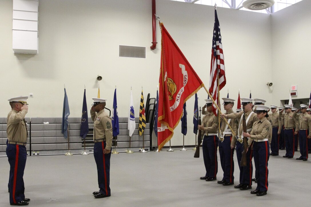 Sgt. Maj. Spencer J. Beacham (center), the outgoing senior enlisted leader of Marine Corps Recruiting Station Orange County, renders honors to Lt. Col. Eric C. Hastings, 12th Marine Corps District commanding officer, and Sgt. Maj. Willie T. Ward III, 12th MCD sergeant major, during a passage of command ceremony in Seal Beach, Calif., Jan. 15, 2016. During the ceremony, Beacham, from Dothan, Ala., was awarded a Meritorious Service Medal and relinquished duties to Sgt. Maj. Jason A. Politte.