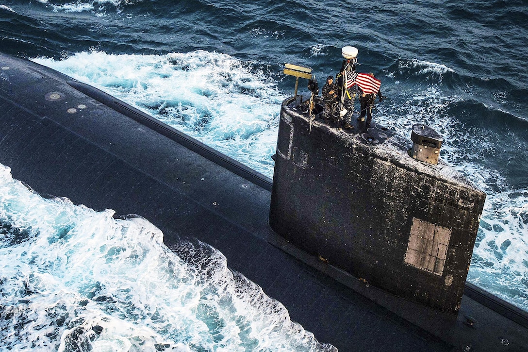 The USS Toledo transits through the Arabian Gulf, Jan. 21, 2016. The fast-attack submarine commands operations of U.S. submarine forces and coordinates anti-submarine warfare matters in the U.S. 5th Fleet area of operations. U.S. Navy photo by Petty Officer 2nd Class Torrey W. Lee