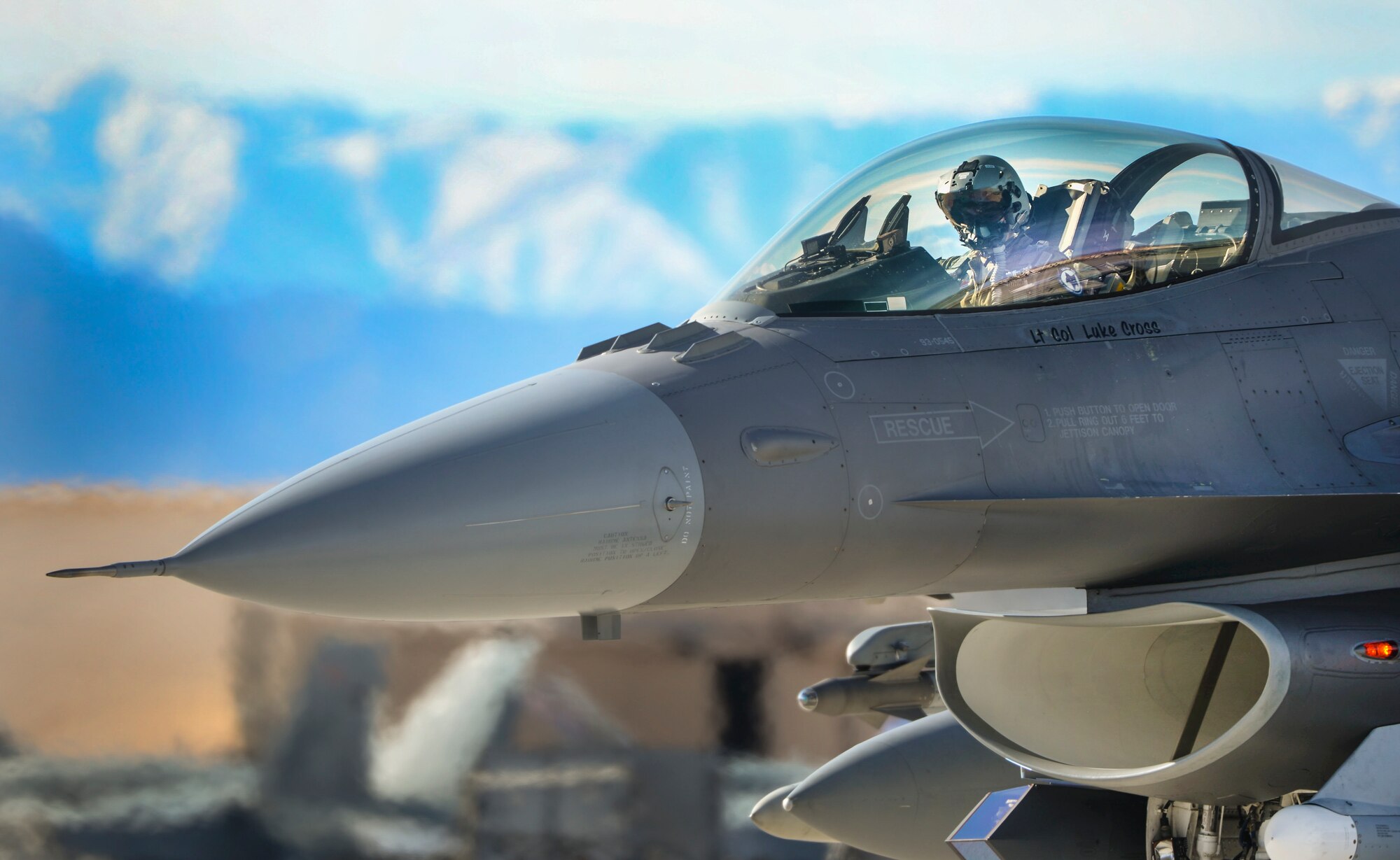An F-16 Fighting Falcon pilot prepares for take-off during Red Flag 16-1 at Nellis Air Force Base, Nev., Jan. 25, 2016. Red Flag is a realistic combat exercise involving U.S. and allied air forces conducting training operations on the 15,000 square mile Nevada Test and Training Range. (U.S. Air Force photo by A1C Kevin Tanenbaum)