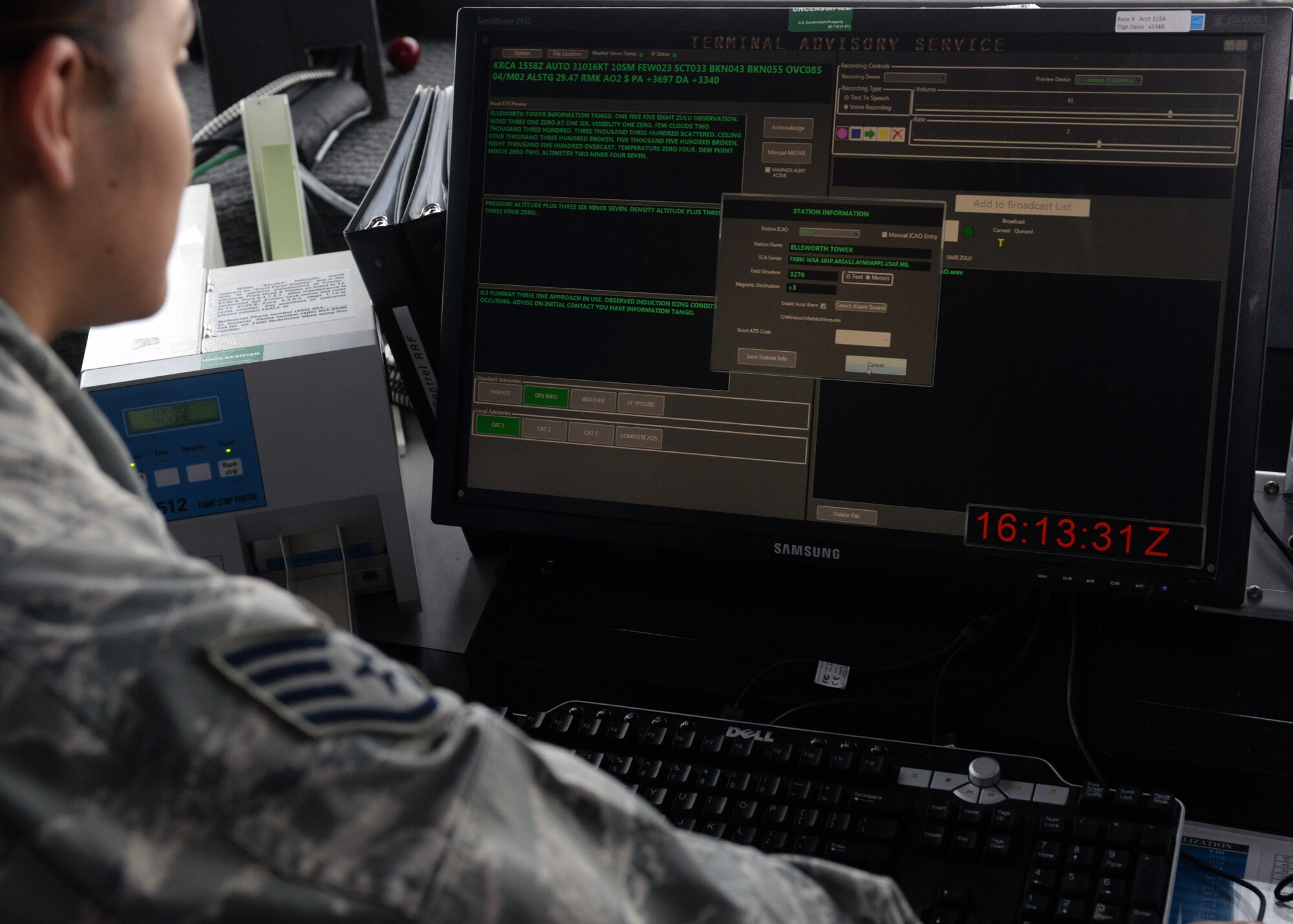 Staff Sgt. Destiny Ortiz, 28th Operations Support Squadron airfield operations flight tower watch supervisor, cycles through the Automatic Terminal Information Service at Ellsworth Air Force Base, S.D., Jan. 14, 2016. The ATIS is used to inform air traffic controllers of airfield weather conditions so incoming aircraft can match their approach speeds accordingly. (U.S. Air Force photo by Airman Donald C. Knechtel/Released)