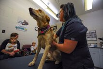 Dr. Erin Hiskett, McConnell Veterinary Clinic veterinarian, with a stethoscope to checks Nella’s heart and lungs, Jan. 26, 2016, at McConnell Air Force Base, Kan. Nella needed a check-up to ensure she can move with her family to overseas. (U.S. Air Force photo/Airman 1st Class Christopher Thornbury) 