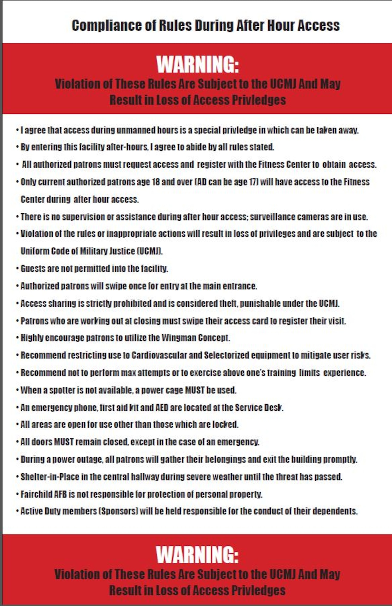 This is the compliance of rules during after hour access list that need to be followed when using the Fitness Center after hours. (courtesy graphic)   