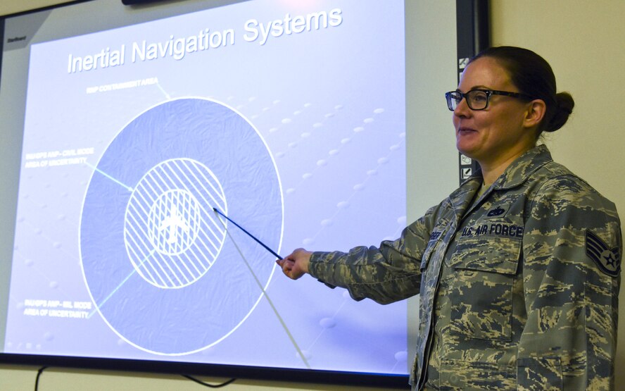 Staff Sgt. Mary Boerger, 373rd Training Squadron, Detachment 13 KC-135 Stratotanker instrument and flight control systems instructor, teaches a class Jan. 25, 2016, at Fairchild Air Force Base, Wash. Her leadership selected her as one of Fairchild’s Finest, a weekly recognition program that highlights top-performing Airmen. (U.S. Air Force photo/ Senior Airman Janelle Patiño)