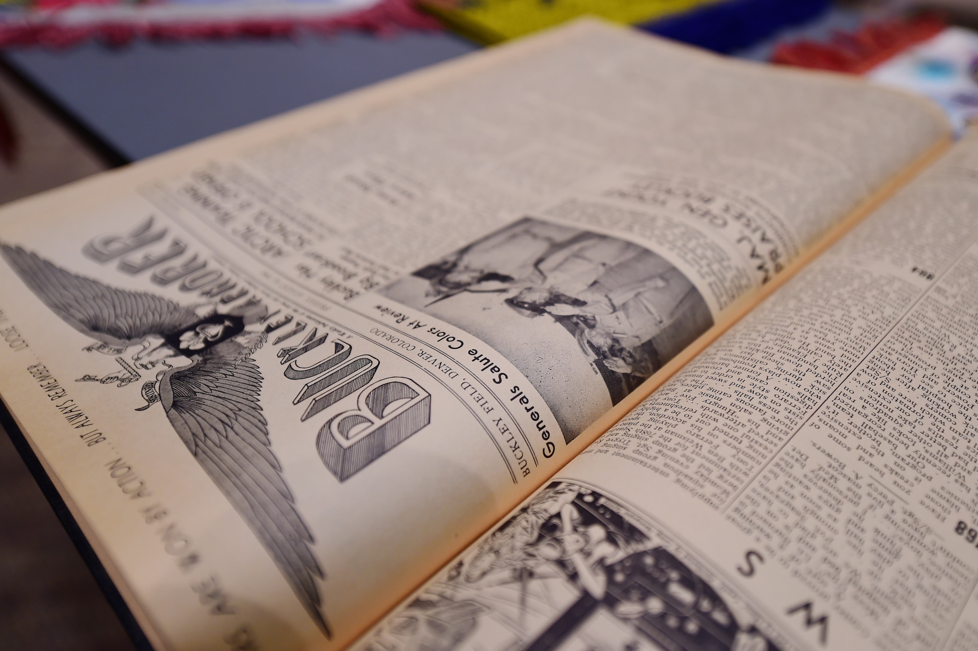 A historical newspaper sits on display at the Leadership Development Center Jan. 27, 2016, on Buckley Air Force Base, Colo. Students from William Smith High School visited the base to learn about its impact during World War II from the base historian. (U.S. Air Force photo by Senior Airman Racheal Watson/Released)