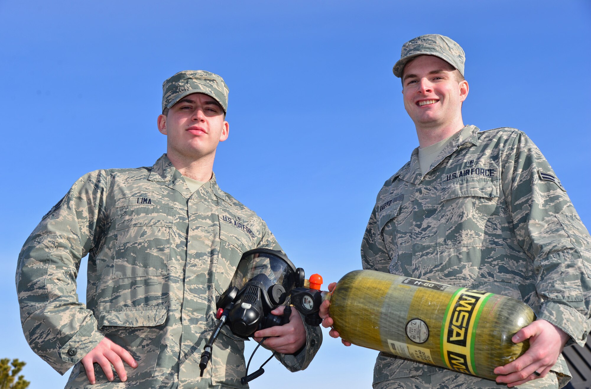 Senior Airman Kyle Lima, left, and Airman 1st Class William Raetz, 341st Medical Operations Squadron bioenvironmental engineering technicians, showcase their equipment Jan. 25, 2016, at Malmstrom Air Force Base, Mont. Lima and Raetz are part of a team of Airmen who are responsible for assessing and responding to hazards at the base. (U.S. Air Force photo/Airman Daniel Brosam)