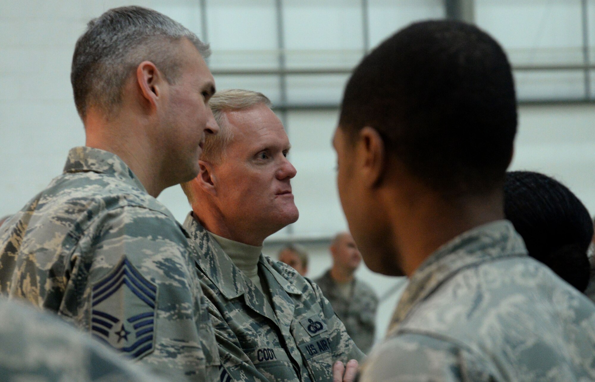 Chief Master Sgt. of the Air Force James Cody dedicates time to socialize with Airmen during his visit Jan. 27, 2016, on RAF Mildenhall, England. He visited various units to learn about the duties of Airmen around the base and express his gratitude for their hard work and dedication to the mission. (U.S. Air Force photo by Airman 1st Class Justine Rho/Released)