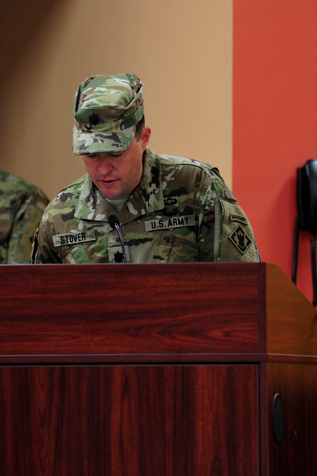U.S. Army Lt. Col. Jonathon Stover, commander of the 20th Engineer Brigade, speaks to a deploying group before departing Fort Eustis, Va., Jan. 24, 2016. The mission of the 86th Engineer Detachment (Dive) is to provide engineer dive support theater commanders on the areas of ports, harbors, inland waterways and littoral zones. (U.S. Air Force photo by Senior Airman Breonna Veal)