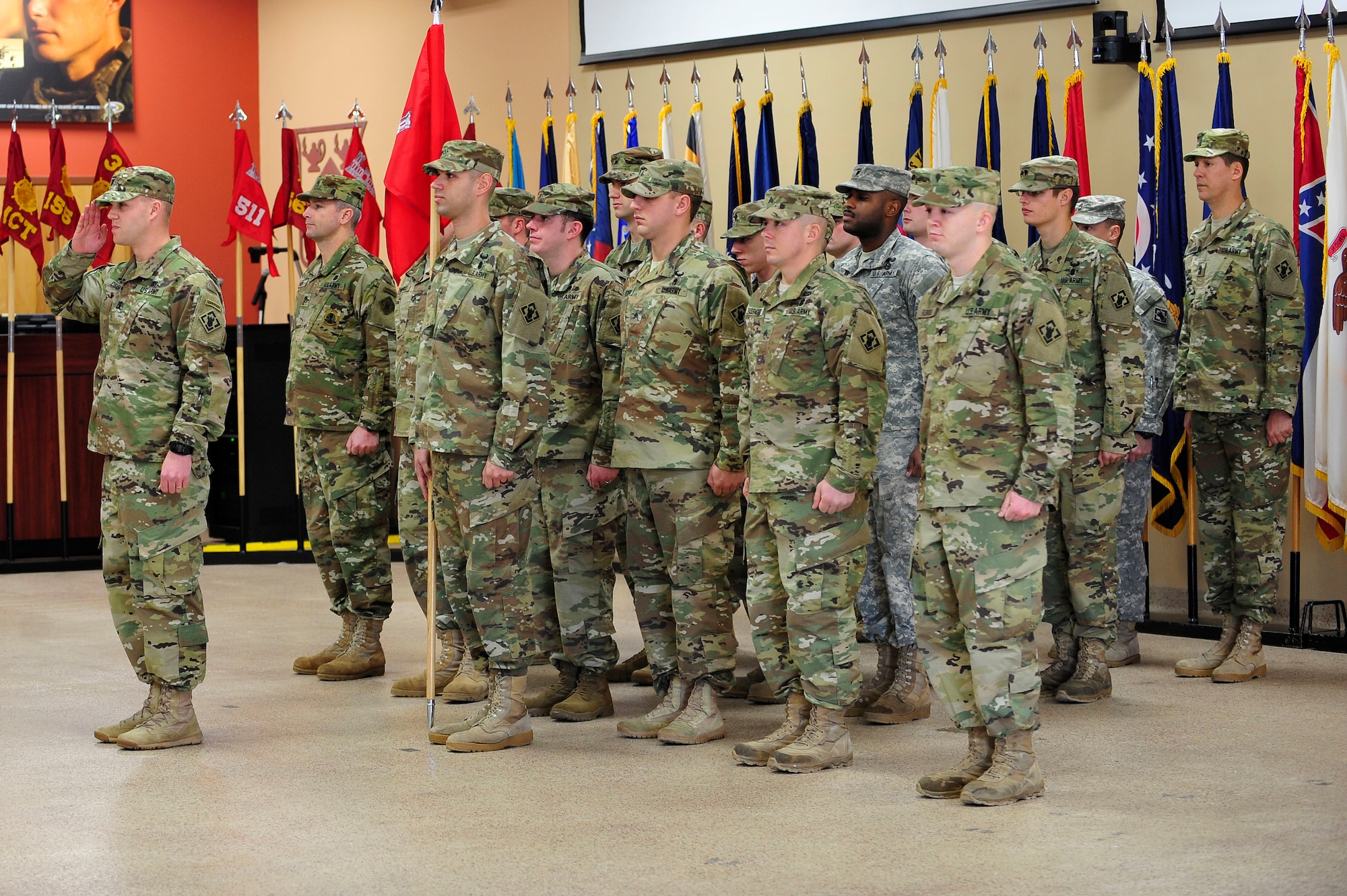 U.S. Army Soldiers from the 86th Engineer Detachment (Dive) request to begin a deployment ceremony at Fort Eustis, Va., Jan. 24, 2016. Soldiers from this detachment conduct underwater construction, salvage and demolitions, underwater cutting and welding, search and recovery operations and more. (U.S. Air Force photo by Senior Airman Breonna Veal) 