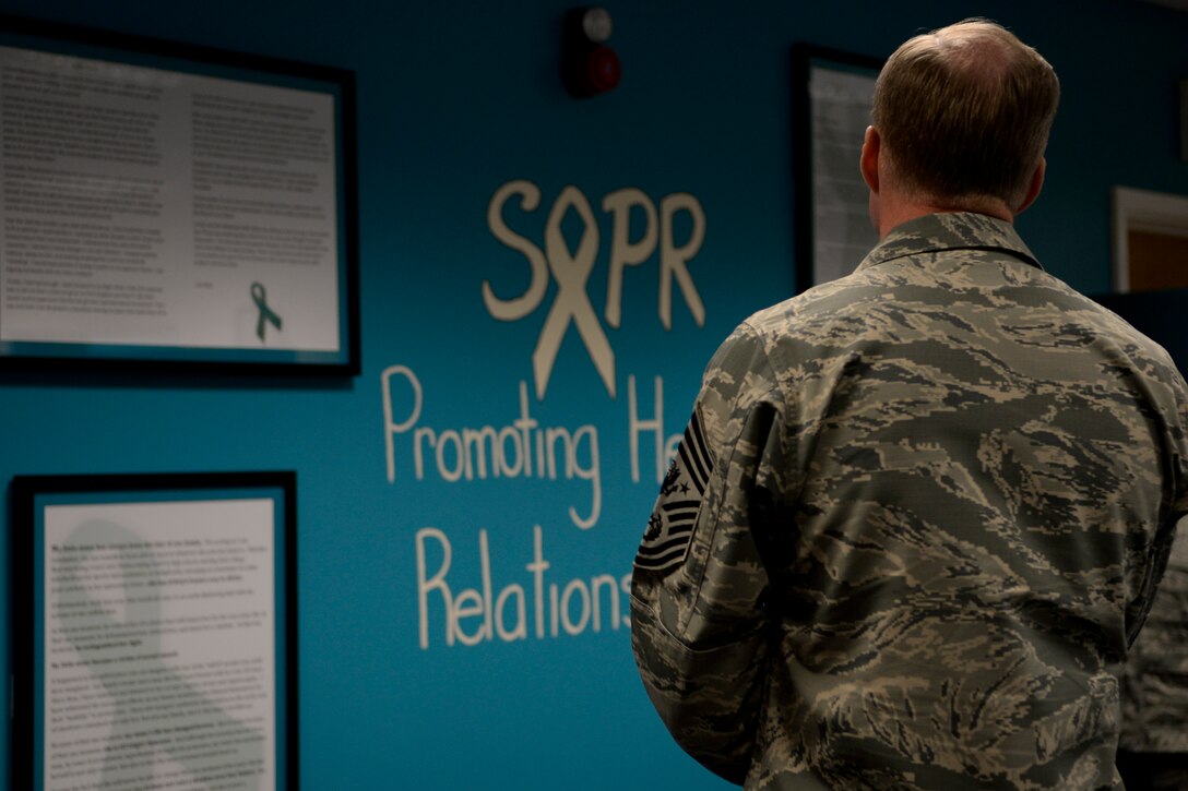 Chief Master Sgt. of the Air Force James Cody visits the Square-D Center for Character and Culture while touring the base Jan. 27, 2016, on RAF Mildenhall, England. Cody toured the base to express his gratitude to Airmen, listen to their concerns and answer their questions. (U.S. Air Force photo by Senior Airman Victoria H. Taylor/Released)