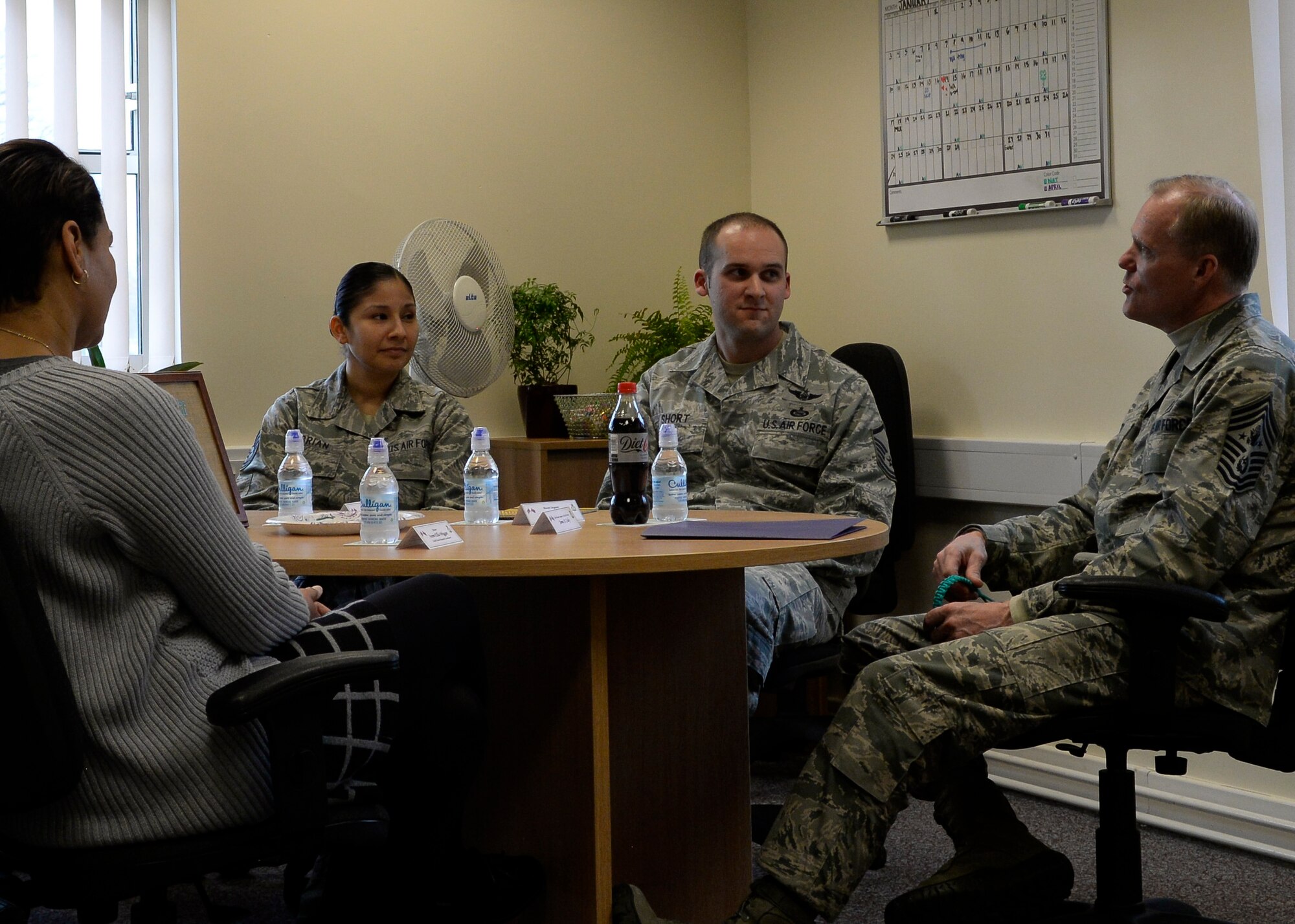 Chief Master Sgt. of the Air Force James Cody visits the Square-D Center for Character and Culture and speaks with victim advocates Jan. 27, 2016, on RAF Mildenhall, England. Cody toured the base to express his gratitude to Airmen, listen to their concerns and answer their questions.  (U.S. Air Force photo by Senior Airman Victoria H. Taylor/Released)