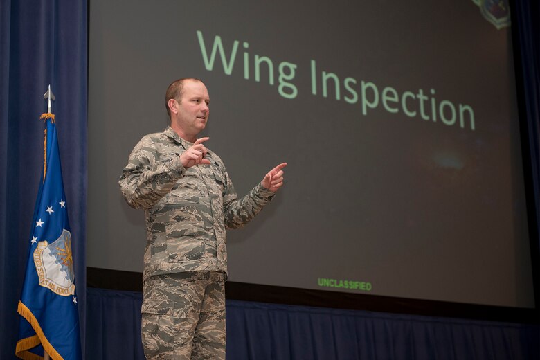 PETERSON AIR FORCE BASE, Colo. - Col. Douglas Schiess, 21st Space Wing commander, speaks to Peterson Airmen during his first commander’s call of 2016. During the commander's call, Schiess summed up 2015 and discussed his goals for 2016. (U.S. Air Force photo by Philip Carter)
