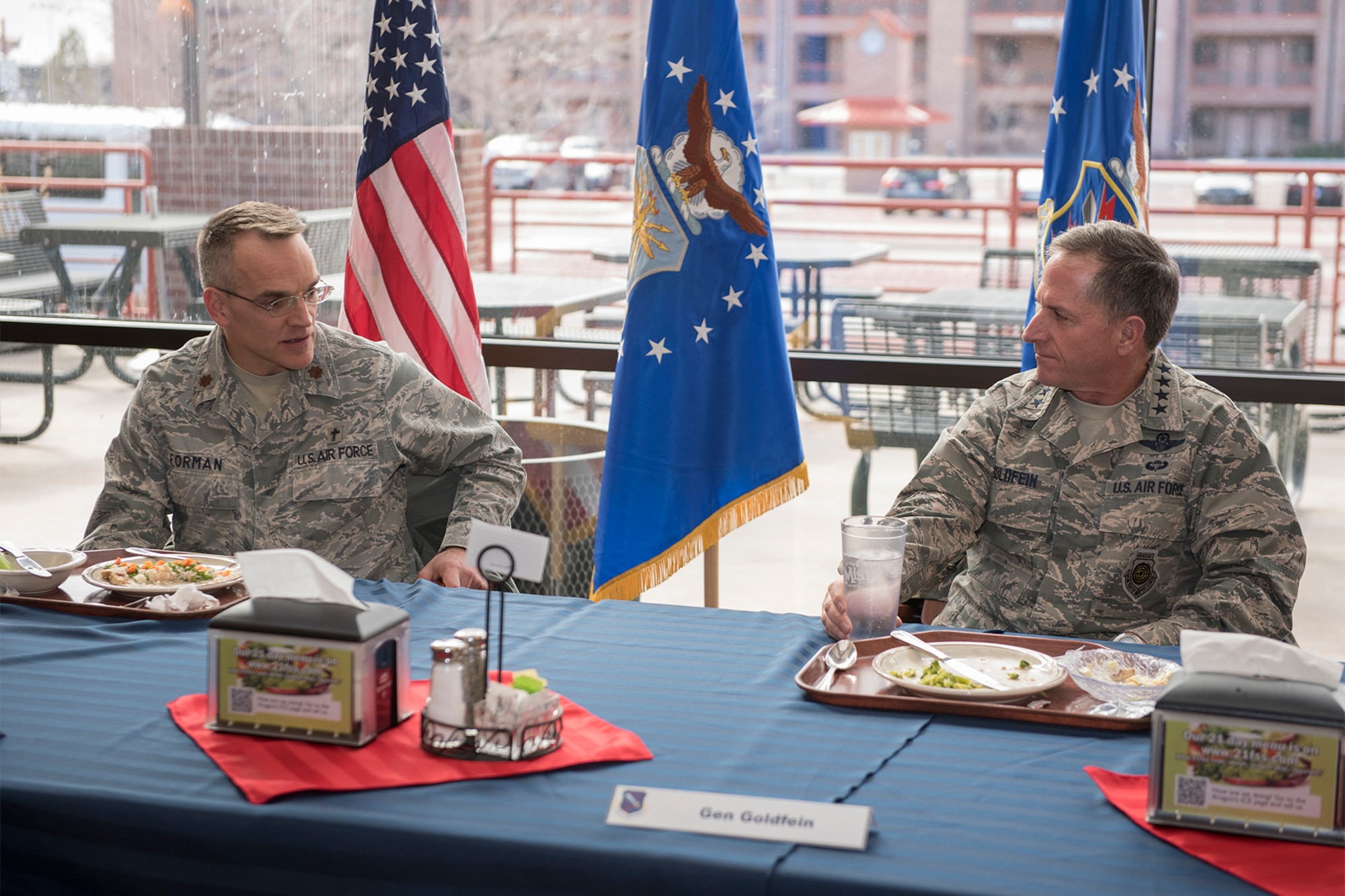 PETERSON AIR FORCE BASE, Colo. - Gen. David L. Goldfein, Air Force vice chief of staff, visited Peterson Airmen on Jan. 25, 2016 at the Aragon Dining Facility. During the lunch, Goldfein discussed cyber operations and how the Air Force is more in line to accomplish future missions. (U.S. Air Force photo by Philip Carter)