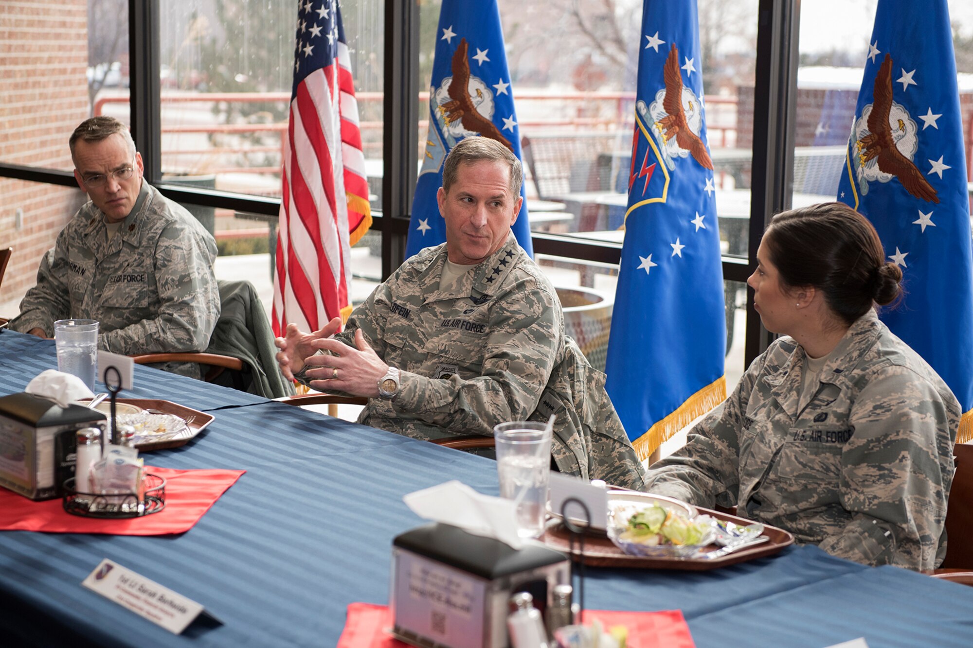 PETERSON AIR FORCE BASE, Colo. - Gen. David L. Goldfein, Air Force vice chief of staff, visited Peterson Airmen on Jan. 25, 2016 at the Aragon Dining Facility. During the lunch, Goldfein discussed cyber operations and how the Air Force is more in line to accomplish future missions. (U.S. Air Force photo by Philip Carter)