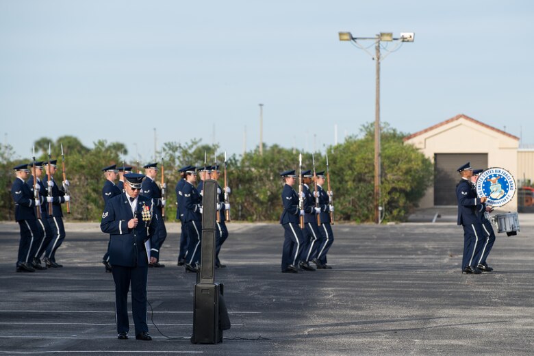 The U.S. Air Force Honor Guard Drill Team performs a demonstration Jan. 21 at the Honor Guard building at Patrick Air Force Base, Fla. The demonstration led to an open discussion about the new honor guard manual, training related issues, and a question and answer portion. (U.S. Air Force photo/Benjamin Thacker) (Released) 