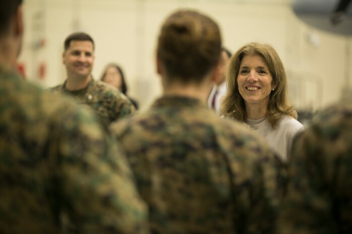 Ambassador Caroline Bouvier Kennedy, U.S. ambassador to Japan, speaks to Marines with Marine Aerial Refueler Transport Squadron 152 (VMGR-152) at Marine Corps Air Station Iwakuni, Japan, Jan. 28, 2016. This is Ambassador Kennedy’s first official visit to MCAS Iwakuni. While at the squadron’s hangar, Kennedy viewed a KC-130J Super Hercules, gaining an understanding on the multiple capabilities of the aircraft in the Pacific theater. This visit also helped the ambassador better understand MCAS Iwakuni’s community and witness the ongoing transformation of the air station through the multitude of construction projects.