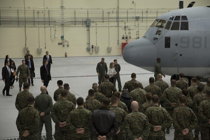 Ambassador Caroline Bouvier Kennedy, U.S. ambassador to Japan, speaks to Marines with Marine Aerial Refueler Transport Squadron 152 (VMGR-152) at Marine Corps Air Station Iwakuni, Japan, Jan. 28, 2016. This is Ambassador Kennedy’s first official visit to MCAS Iwakuni. While at the squadron’s hangar, Kennedy viewed a KC-130J Super Hercules, gaining an understanding on the multiple capabilities of the aircraft in the Pacific theater. This visit also helped the ambassador better understand MCAS Iwakuni’s community and witness the ongoing transformation of the air station through the multitude of construction projects.