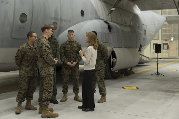 Ambassador Caroline Bouvier Kennedy, U.S. ambassador to Japan, speaks to Marines with Marine Aerial Refueler Transport Squadron 152 (VMGR-152) at Marine Corps Air Station Iwakuni, Japan, Jan. 28, 2016. This is Ambassador Kennedy’s first official visit to MCAS Iwakuni. While at the squadron’s hangar, Kennedy viewed a KC-130J Super Hercules, gaining an understanding on the multiple capabilities of the aircraft in the Pacific theater. This visit also helped the ambassador better understand MCAS Iwakuni’s community and witness the ongoing transformation of the air station through the multitude of construction projects.