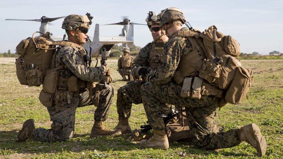 U.S. Marines with the Ground Combat Element, Special-Purpose Marine Air-Ground Task Force Crisis Response-Africa conduct an alert-force drill at Naval Station Rota, Spain. SPMAGTF-CR-AF is a self-sustaining crisis-response force prepared for the protection of American personnel and facilities on the African continent when directed by U.S. Africa Command.