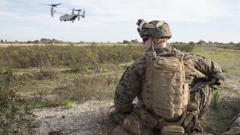 U.S. Marine Cpl. Kyle Maurer, machine gunner with Special-Purpose Marine Air-Ground Task Force Crisis Response-Africa, participates in an alert-force drill at Naval Station Rota, Spain, January 23, 2016. The alert force tested the unit’s capabilities by simulating the procedures of reacting to a time-constrained, crisis-response mission.