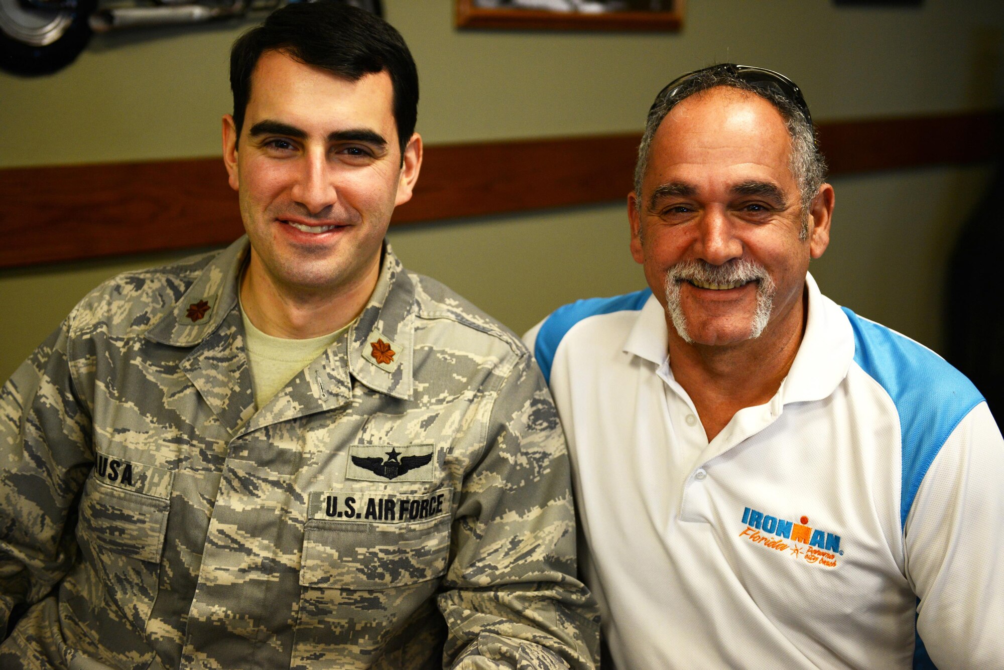 Maj. Stephen Rausa with retired Master Sgt. Ben Rausa  during their first-ever meeting since becoming pen pals 25 years ago on Jan. 25, 2016, at Hurlburt Field, Fla. (U.S. Air Force photo/Mike Raynor)