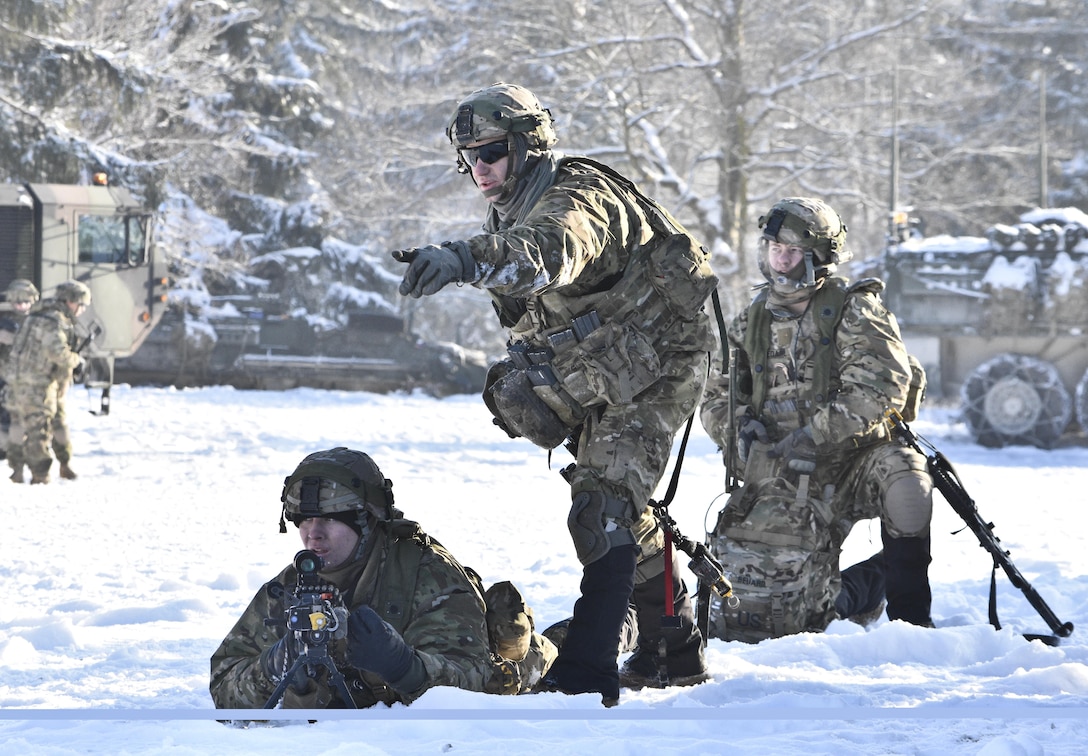 Soldiers conduct reconnaissance patrols and convoy maneuvers with their Stryker combat vehicles during a unit squad tactical exercise as part of Allied Spirit IV in Hohenfels, Germany, Jan. 20, 2016. The soldiers are assigned to the 2nd Squadron, 2nd Cavalry Regiment. Army photo by Sgt. William A. Tanner