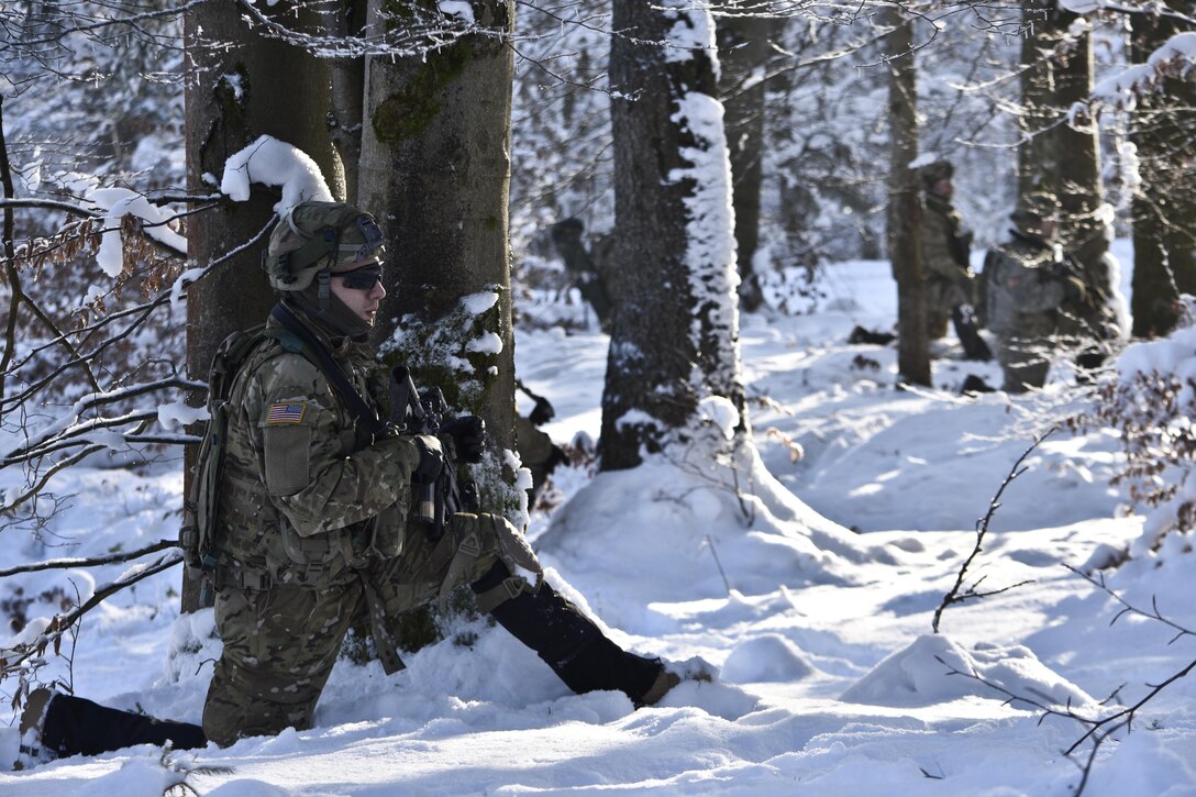 Army Pvt. Slater Scheurich provides security during a unit squad tactical exercise as part of Allied Spirit IV in Hohenfels, Germany, Jan. 20, 2016. Scheurich is an infantryman assigned to the 2nd Squadron, 2nd Cavalry Regiment. Army photo by Sgt. William A. Tanner