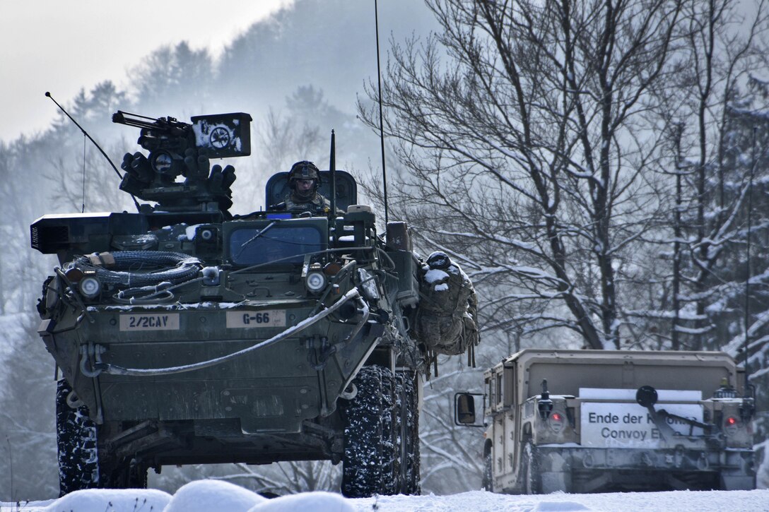 Soldiers conduct reconnaissance patrols and convoy maneuvers with their Stryker combat vehicles during a unit squad tactical exercise as part of Allied Spirit IV in Hohenfels, Germany, Jan. 20, 2016. Army photo by Sgt. William A. Tanner.