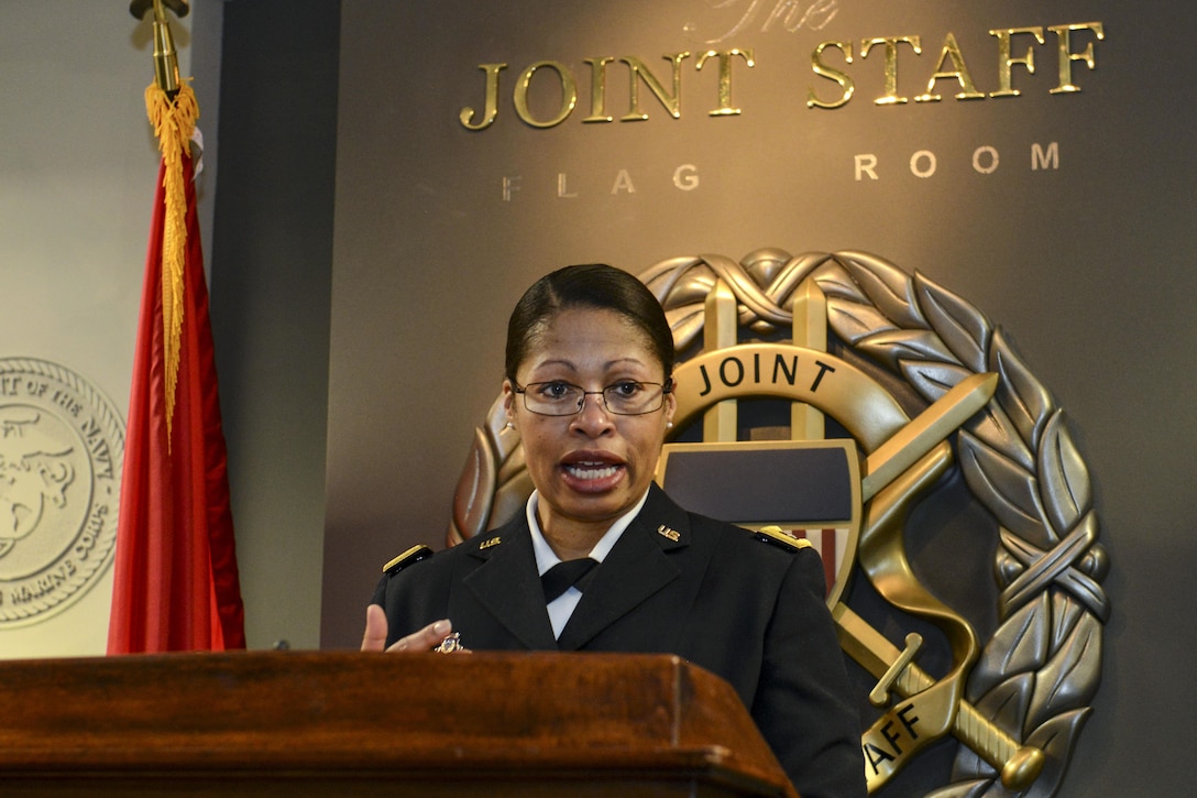 Army Maj. Gen. Marcia M. Anderson, the Army's first female African-American two-star general, speaks about the contributions of African-American women in the military during an event at the Pentagon, Feb. 25, 2014. Army photo by Lisa Ferdinando