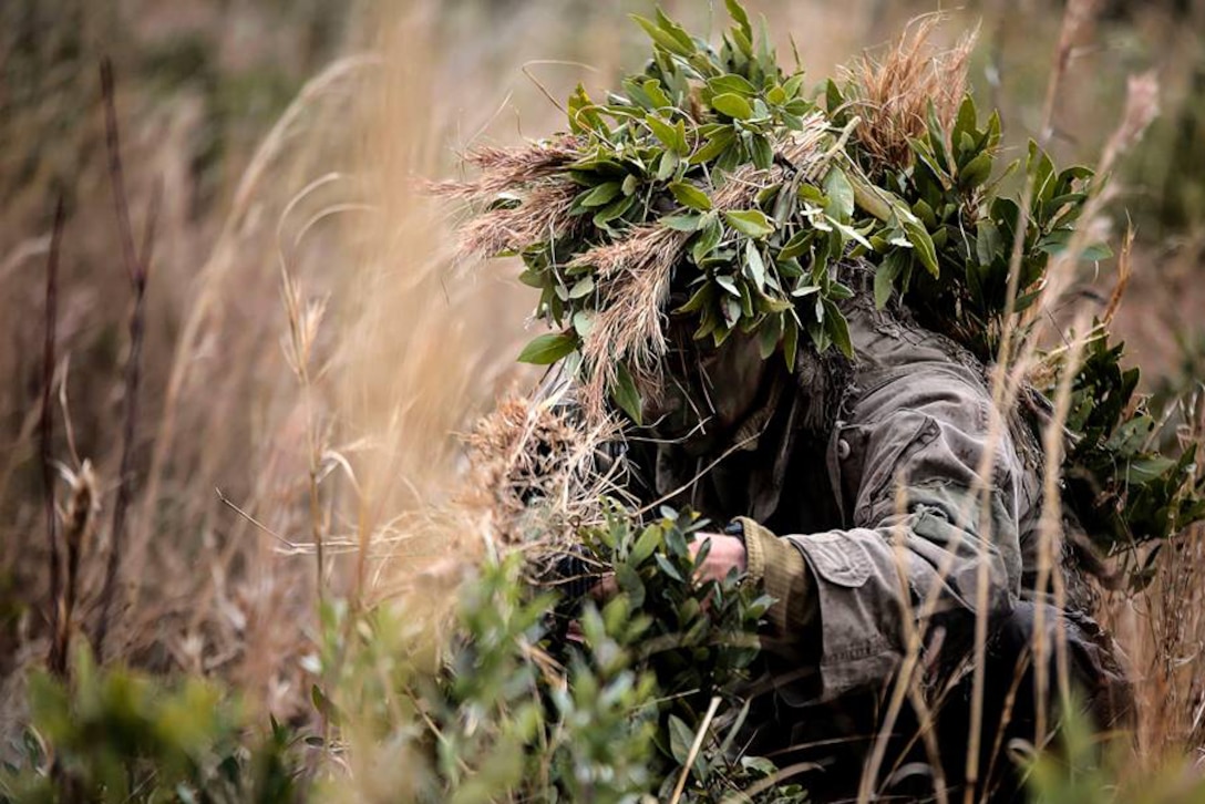 A Marine participates in a stalking exercise during a sniper course on Camp Lejeune, N.C., Jan. 22, 2016. The exercise required students to traverse through 1,000 meters of high grass and fire on a target without being detected. Marine Corps photo by Cpl. Paul S. Martinez
