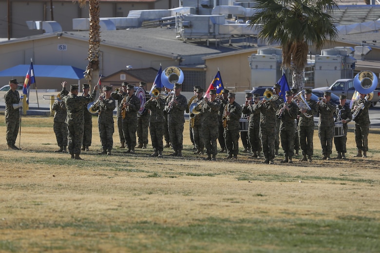 The 1st Marine Division Band performs prior to the 7th Marine Regiment change of command ceremony at Lance Cpl. Torrey L. Gray Field, Dec. 18, 2015. Col. Jay M. Bargeron passed the 7th Marine Regiment guidon to Col. William H. Vivian. (Official Marine Corps photo by Cpl. Medina Ayala-Lo/Released)