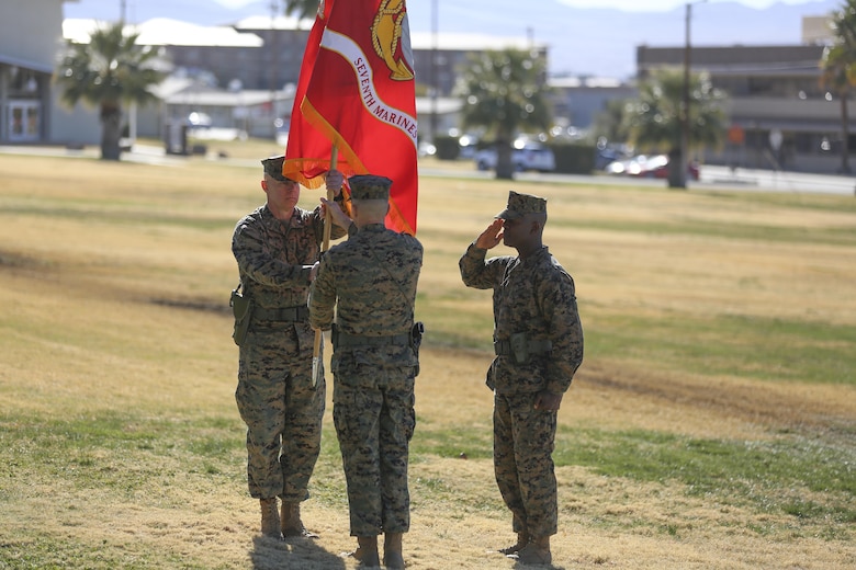 Col. Jay M. Bargeron, former commanding officer, 7th Marine Regiment, relinquishes command to Col. William H. Vivian, oncoming commanding officer, 7th Marine Regiment during the regiment’s change of command ceremony at Lance Cpl. Torrey L. Gray Field, Dec. 18, 2015. (Official Marine Corps photo by Cpl. Medina Ayala-Lo/Released)