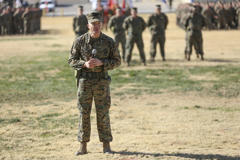 Col. Jay M. Bargeron, former commanding officer, 7th Marine Regiment, speaks about the time he served as commander of ‘Magnificent Seventh’ at the regiment’s change of command ceremony at Lance Cpl. Torrey L. Gray Field, Dec. 18, 2015. (Official Marine Corps photo by Cpl. Medina Ayala-Lo/Released)