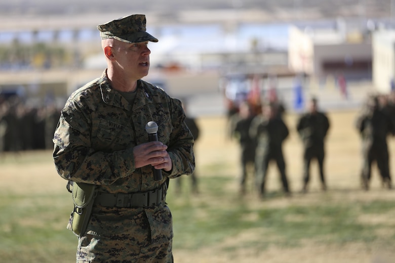 Col. William H. Vivian, oncoming commanding officer, 7th Marine Regiment, addresses guests at the regiment’s change of command ceremony at Lance Cpl. Torrey L. Gray Field, Dec. 18, 2015. (Official Marine Corps photo by Cpl. Medina Ayala-Lo/Released)