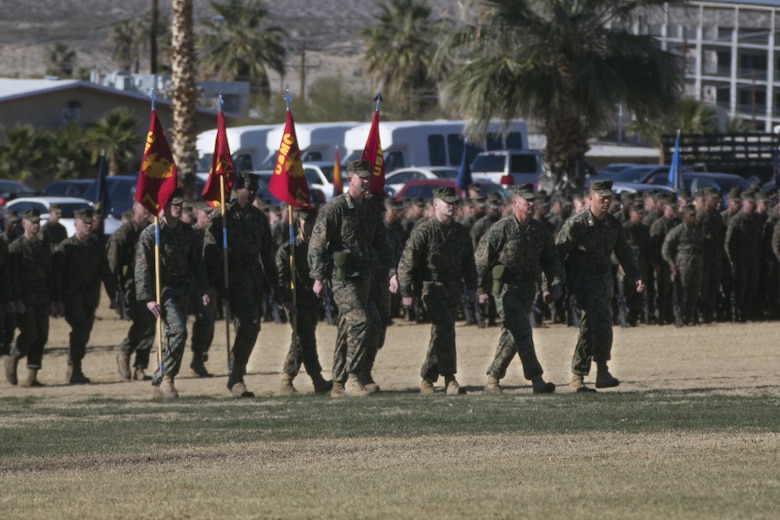 Battalion commanding officers of the units that comprise 7th Marine Regiment assemble to march toward the adjutant during the regiment’s change of command ceremony at Lance Cpl. Torrey L. Gray Field, Dec. 18, 2015. (Official Marine Corps photo by Lance Cpl. Thomas Mudd/Released)