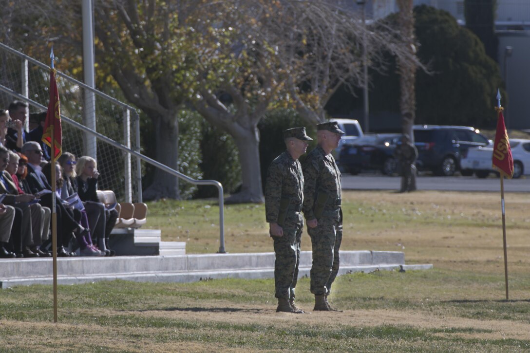 Col. Jay M. Bargeron, former commanding officer, 7th Marine Regiment stands in preparation to pass the Regimental Colors to Col. William H. Vivian, commander of 7th Marine Regiment, during the regiment’s change of command ceremony at Lance Cpl. Torrey L. Gray Field, Dec. 18, 2015. (Official Marine Corps photo by Lance Cpl. Thomas Mudd/Relelased)