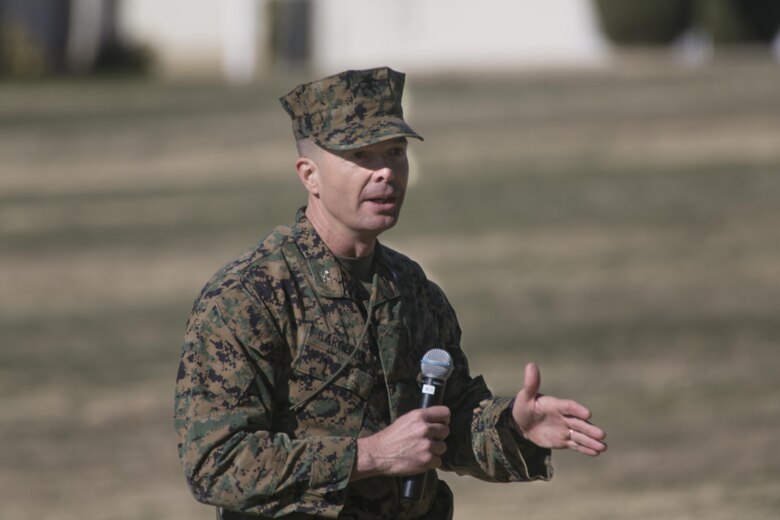 Col. Jay M. Bargeron, former commanding officer, 7th Marine Regiment, gives a speech during the regiment’s change of command ceremony, at Lance Cpl. Torrey L. Gray Field, Dec. 18, 2015. (Official Marine Corps photo by Lance Cpl. Thomas Mudd/Released)