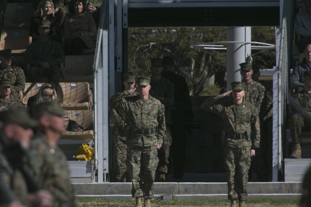 Col. William H. Vivian, commanding officer, and Col. Jay M. Bargeron, former commanding officer, 7th Marine Regiment, conduct a pass in review during the regiment’s change of command ceremony at Torrey L. Gray Field, Dec. 18, 2015. (Official Marine Corps photo by Lance Cpl. Thomas Mudd/Released)